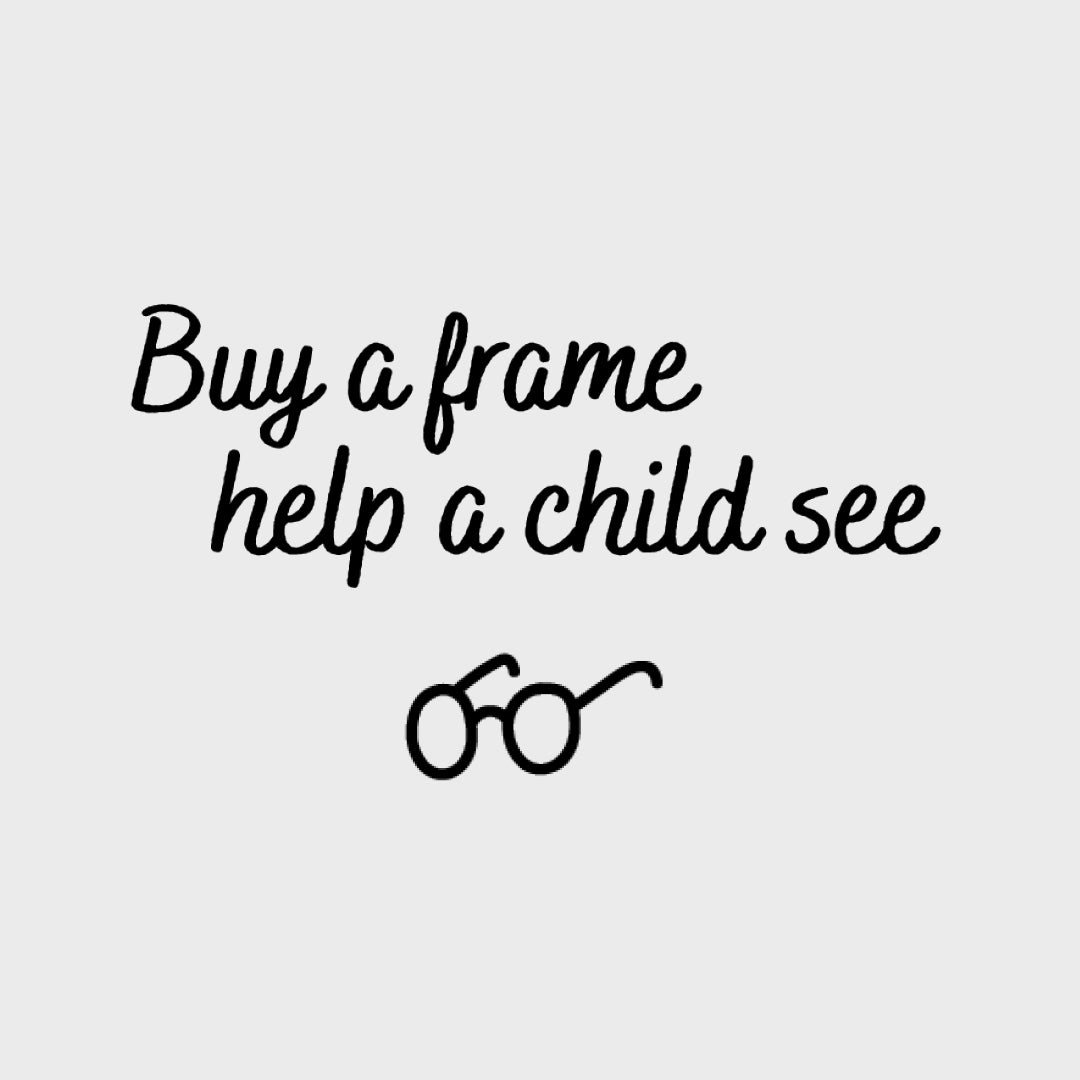 Black ‘Buy a frame, help a child see’ logo on grey background promoting MODO vision program.