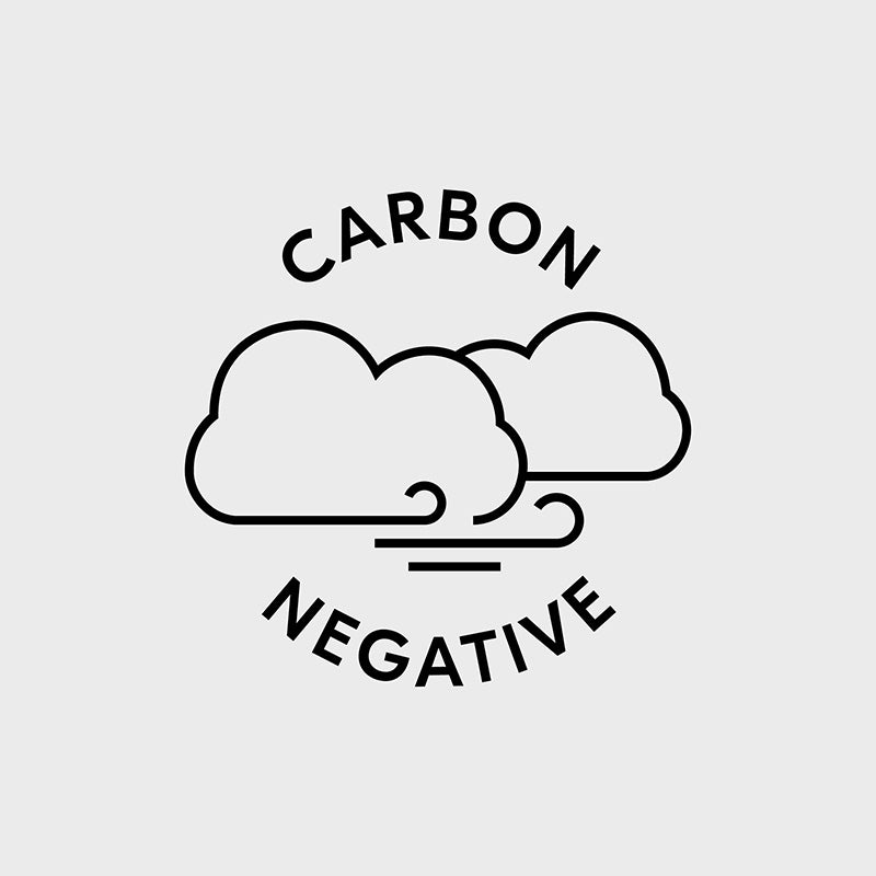 Black ‘Carbon Negative’ logo on grey background promoting Eco Eyewear carbon negative brand.