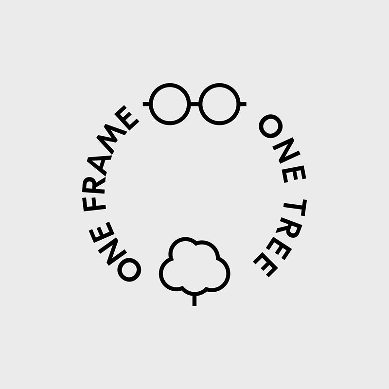 Black ‘One frame, one tree’ logo on grey background promoting Eco Eyewear social purpose.