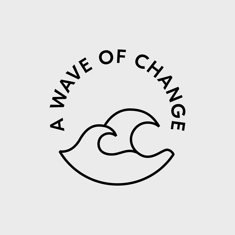 Black ‘A wave of change’ logo on grey background promoting Eco Eyewear social purpose.